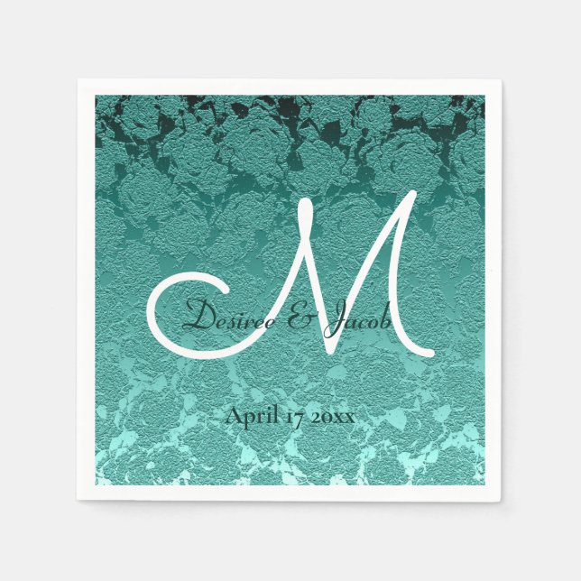 Serviette En Papier Mariage élégant Turquoise vert blanc Monogramme (Devant)