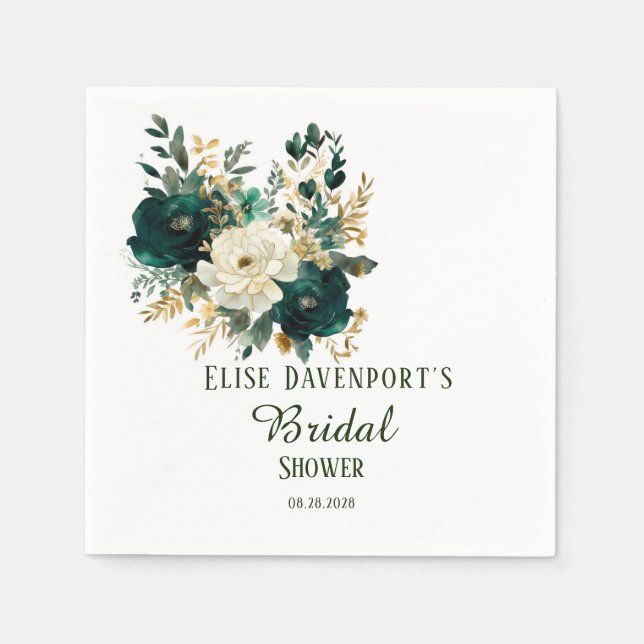 Serviette En Papier Mariage Emerald Green et White Gold Peonies (Devant)