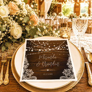 Serviette En Papier Mariage en Bois Rustique avec Guirlandes et Dentel