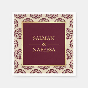 Serviette En Papier Mariage en Damassé Bordeaux et Feuille d'Or Fausse
