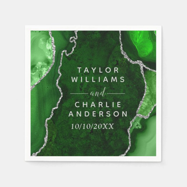 Serviette En Papier Mariage en marbre vert et argenté (Devant)