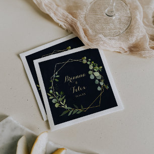 Serviette En Papier Mariage Eucalyptus vert bleu-or géométrique