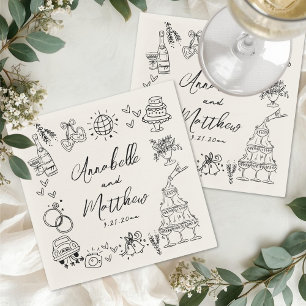 Serviette En Papier Mariage Fantaisiste de Style Rétro Dessiné à la Ma