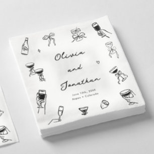Serviette En Papier Mariage Fantaisiste Dessiné à la Main en Noir et B