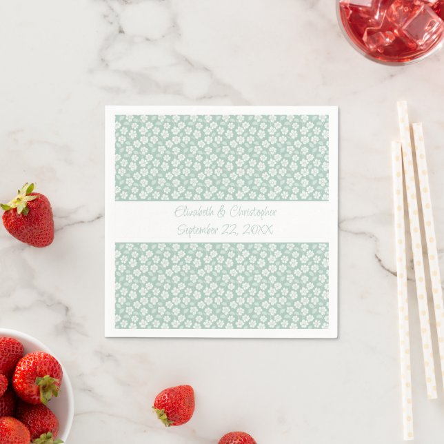 Serviette En Papier Mariage Fête des mariées Pastel Vert Blanc Floral (En situation)