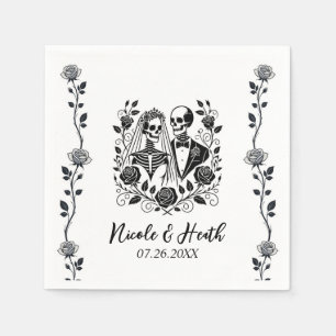 Serviette En Papier Mariage Fleur de Rose de Squelette Noir et Blanc 
