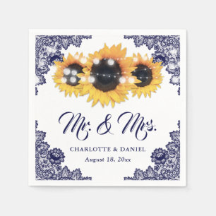 Serviette En Papier Mariage Fleur de Tournesol en Dentelle Bleu Marine