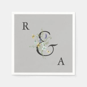 Serviette En Papier Mariage Fleur sauvage élégant gris Monogramme