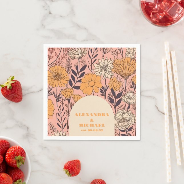 Serviette En Papier Mariage Fleur sauvage rose jaune orange (En situation)