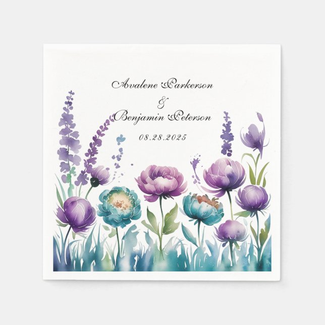 Serviette En Papier Mariage Fleur sauvage turquoise et violette (Devant)