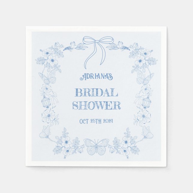 Serviette En Papier Mariage Fleur Toile Ruban Bleu  (Devant)