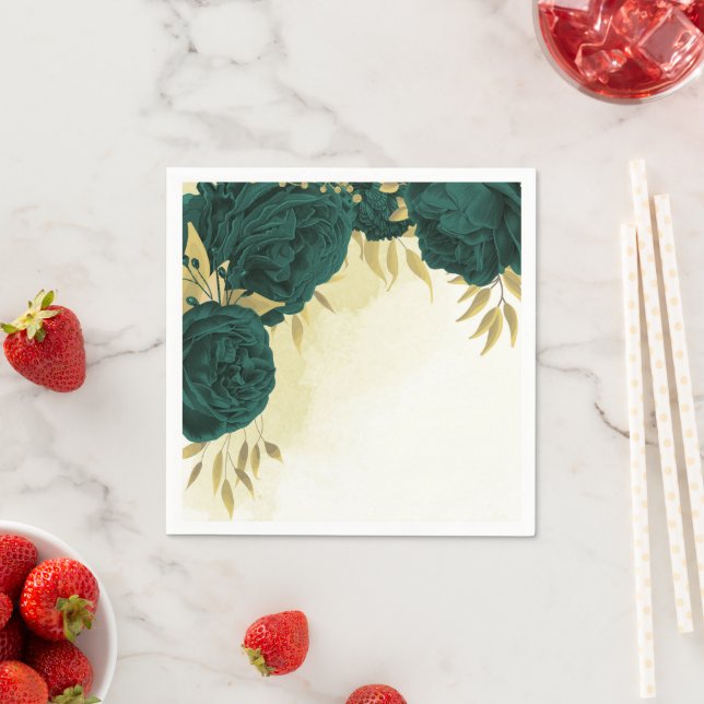 Serviette En Papier Mariage fleuri en or vert émeraude (En situation)