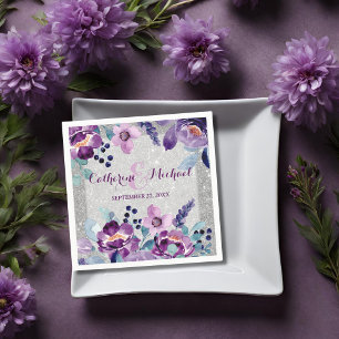 Serviette En Papier Mariage Fleurie Aquarelle Violette et Paillettes d