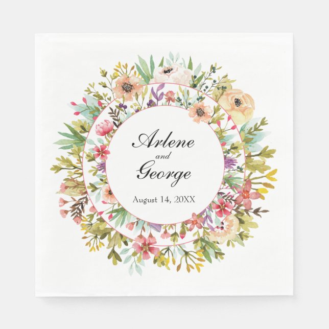 Serviette En Papier Mariage Fleurs de prairie aquarelle (Devant)