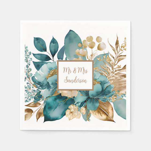 Serviette En Papier Mariage Fleurs de Teal et Or (Devant)