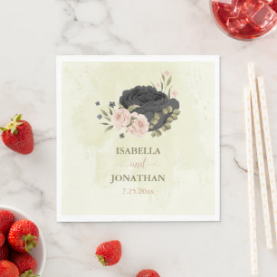 Serviette En Papier mariage fleurs rose blush noir