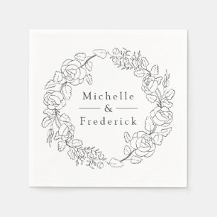 Serviette En Papier Mariage floral à la ligne fine aquarelle dessinée 