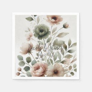 Serviette En Papier Mariage Floral à l'aquarelle Olive et Rose Poussié
