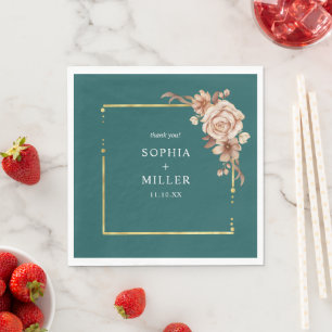Serviette En Papier Mariage floral à l'aquarelle sarcelle et terre cui