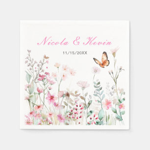 Serviette En Papier Mariage floral à papillon rose profond du printemp