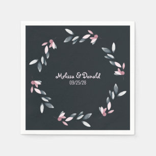 Serviette En Papier Mariage Floral Aquarelle Élégant Bleu Marine Rose