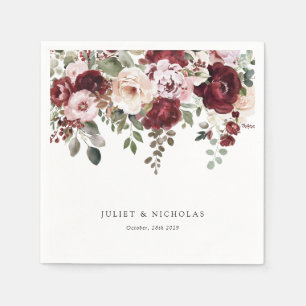Serviette En Papier Mariage Floral Aquarelle Élégant Bourgogne & Rose