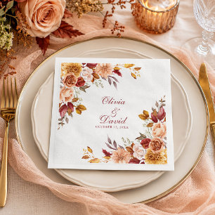 Serviette En Papier Mariage Floral Automnal Orange Brûlé & Pêche