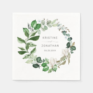 Serviette En Papier Mariage floral blanc blanc de couronne de verdure 