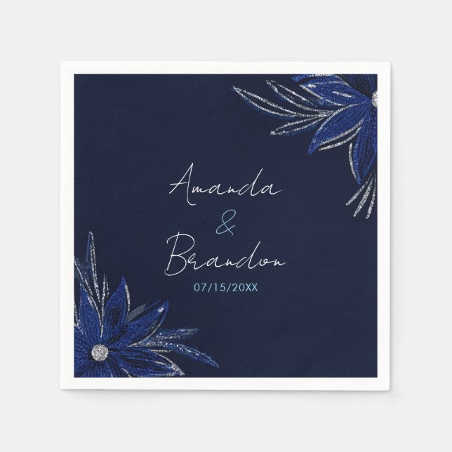 Serviette En Papier Mariage floral bleu argenté et marine (Devant)