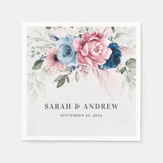Serviette En Papier Mariage floral bleu bleu bleu pastel rose (Devant)