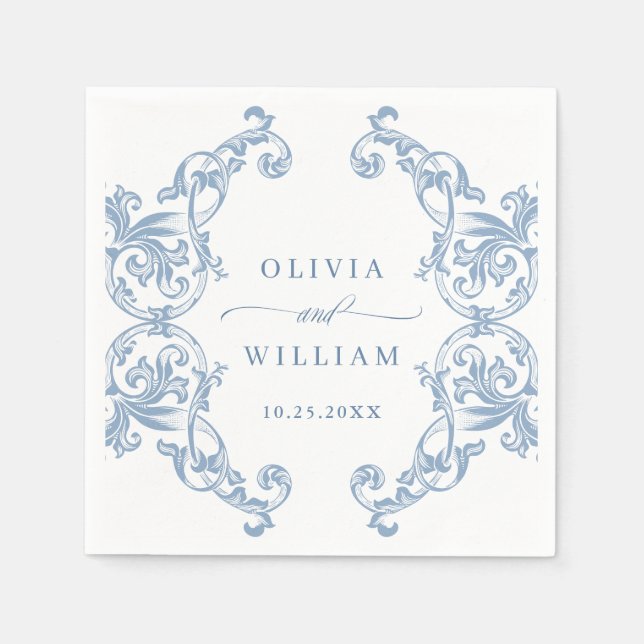 Serviette En Papier Mariage Floral bleu bleu de la Renaissance (Devant)