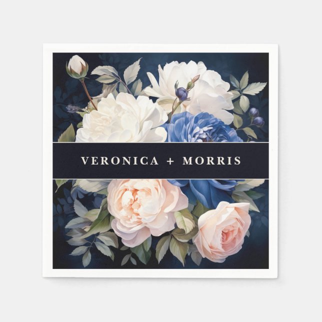 Serviette En Papier Mariage floral bleu bleu marine et bleu roux (Devant)