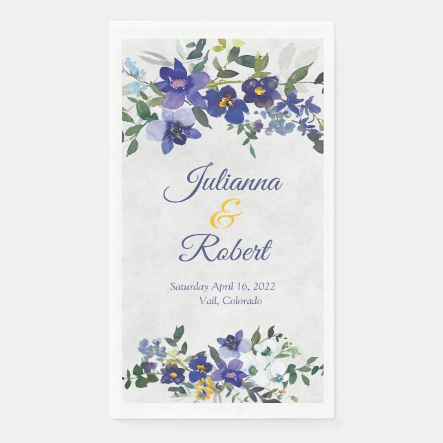 Serviette En Papier Mariage floral bleu et jaune (Devant)