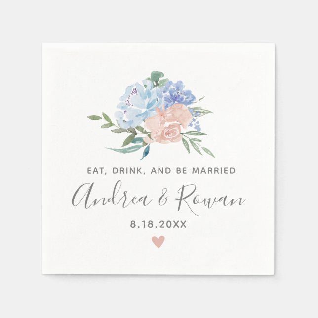 Serviette En Papier Mariage floral bleu et rose (Devant)