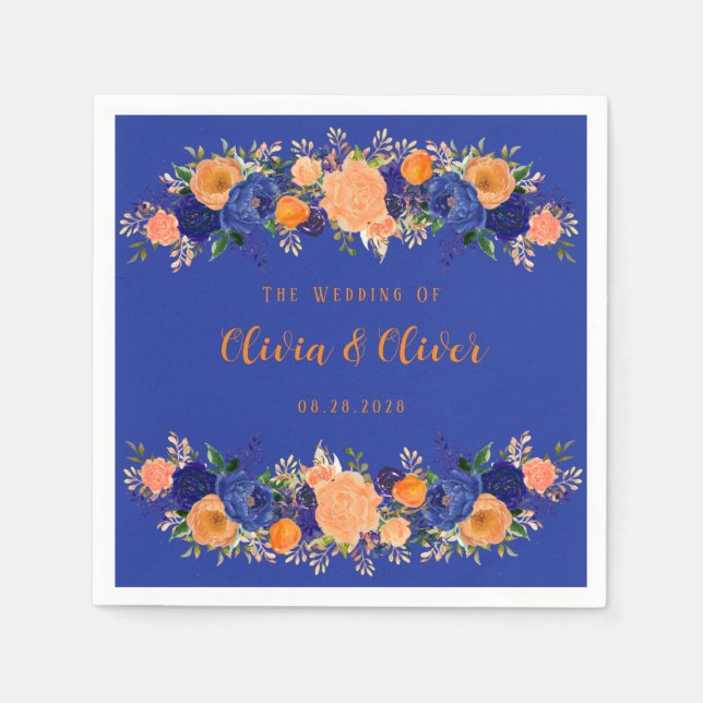 Serviette En Papier Mariage floral bleu marine et orange (Devant)