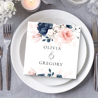 Serviette En Papier Mariage floral bleu marine et rose pâle