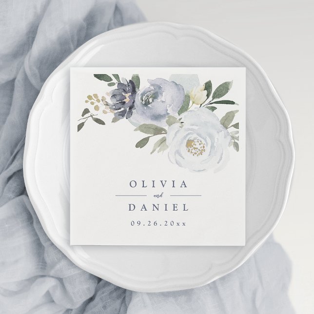 Serviette En Papier Mariage floral bleu pâle fleuri botanique (Blooming botanical dusty blue floral wedding napkins)