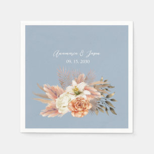 Serviette En Papier Mariage Floral Bleu Poussiéreux et Pêche