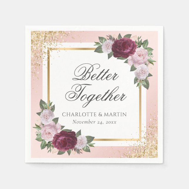 Serviette En Papier Mariage floral bleu rose or bordeaux (Devant)