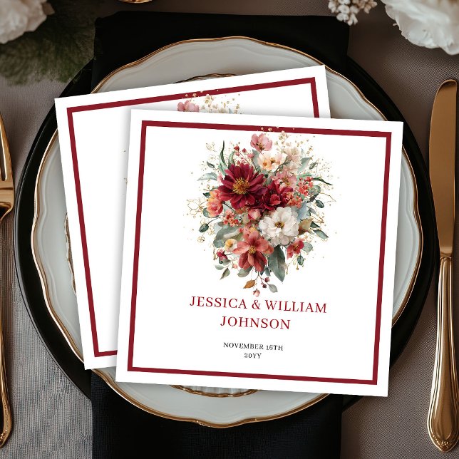 Serviette En Papier Mariage Floral Bohème Rouge Profond Eucalyptus d'A (Deep Red Boho Floral Fall Eucalyptus Wedding Napkins

)