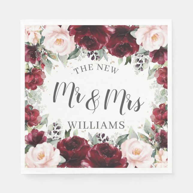 Serviette En Papier Mariage Floral Burgundy Blush Baby Shower  (Devant)