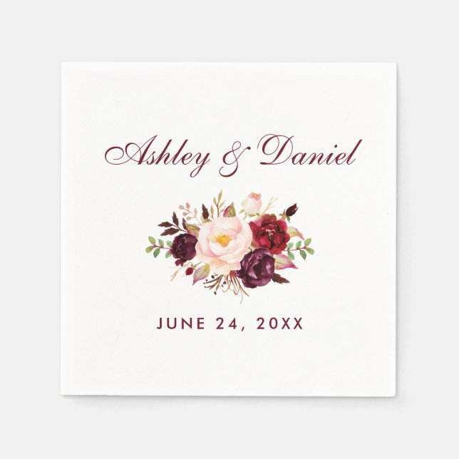 Serviette En Papier Mariage floral d'aquarelle de Bourgogne (Devant)