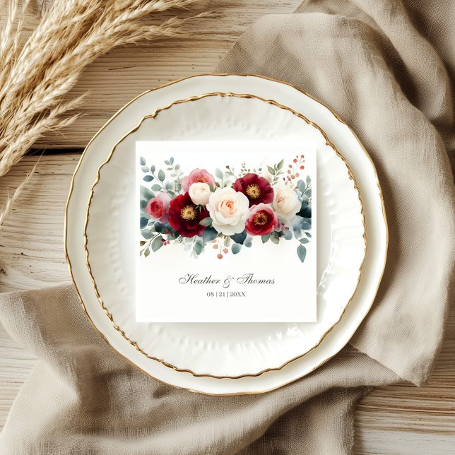 Serviette En Papier Mariage floral de Bourgogne et blanc (Créateur téléchargé)