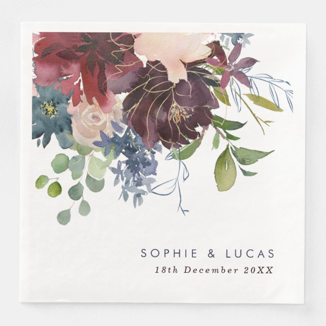Serviette En Papier Mariage floral de Bourgogne et Marine (Devant)