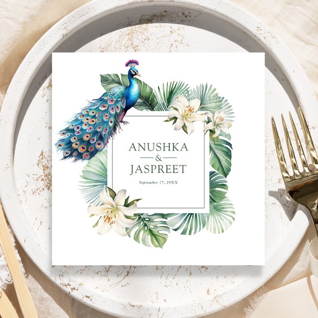 Serviette En Papier Mariage floral de paon indien tropical (Créateur téléchargé)
