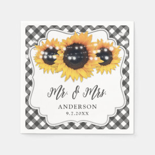 Serviette En Papier Mariage floral de tournesol rustique En vichy noir
