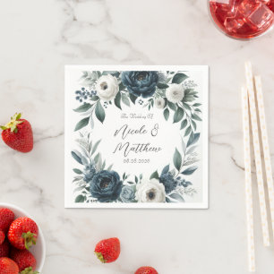 Serviette En Papier Mariage floral d'ivoire élégant bleu marine et arg