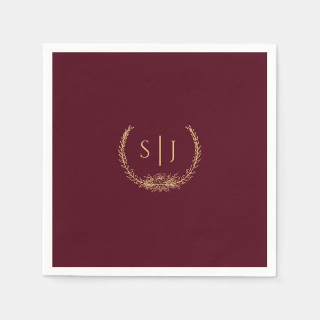 Serviette En Papier Mariage Floral d'or de Bourgogne Monogram Napkin (Devant)