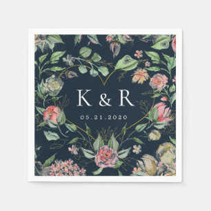 Serviette En Papier Mariage floral élégant à fleurs de minuit