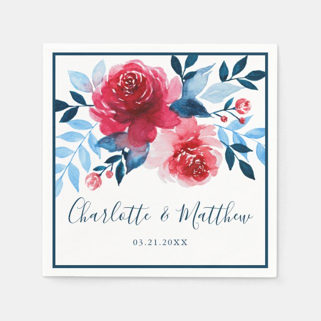 Serviette En Papier Mariage Floral Élégant Aquarelle Rouge Bleu (Devant)